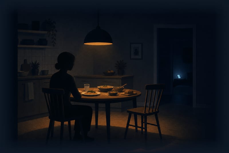 Illustration: dinner is served, one chair sits empty, and the cold glow of a phone screen spills in from the next room.