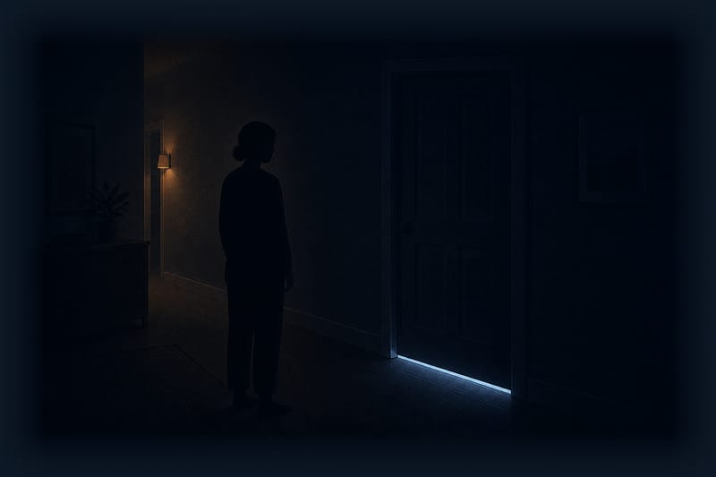 Illustration: a parent stands alone in a dark hallway before a closed bedroom door, phone light leaking underneath.