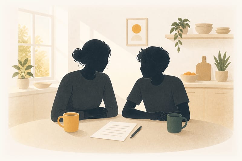 Illustration: parent and teen sit on the same side of the kitchen table, calm, with the written agreement between them.