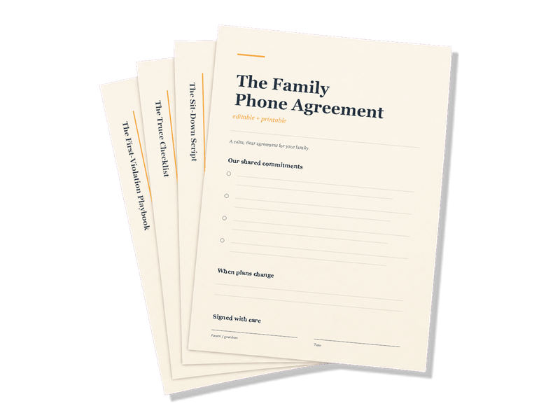 The four printed documents of the Phone Peace Toolkit, fanned out: the Family Phone Agreement, the Sit-Down Script, the Truce Checklist and the First-Violation Playbook.